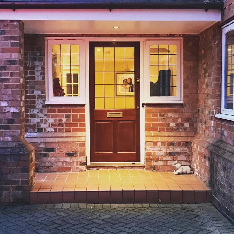 A dog laying on the ground in front of a door.